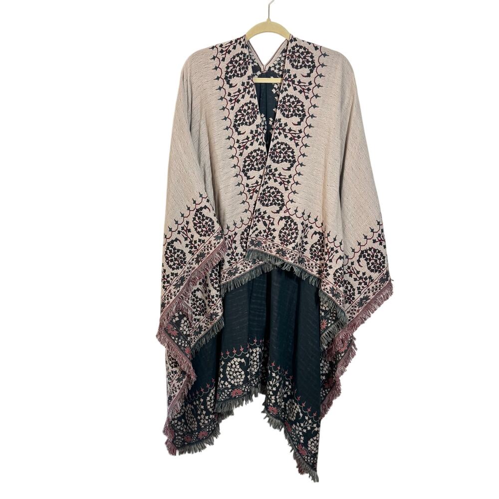 Womens Reversible Boho Poncho Wrap Women OS Cream Green Fringe Hem Western Cozy